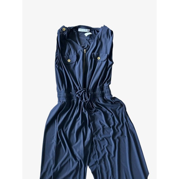 Emma & Michele Jumpsuit Women's Large Navy W/Gold Wide Leg Pant Sleeveless Tie - Picture 2 of 10